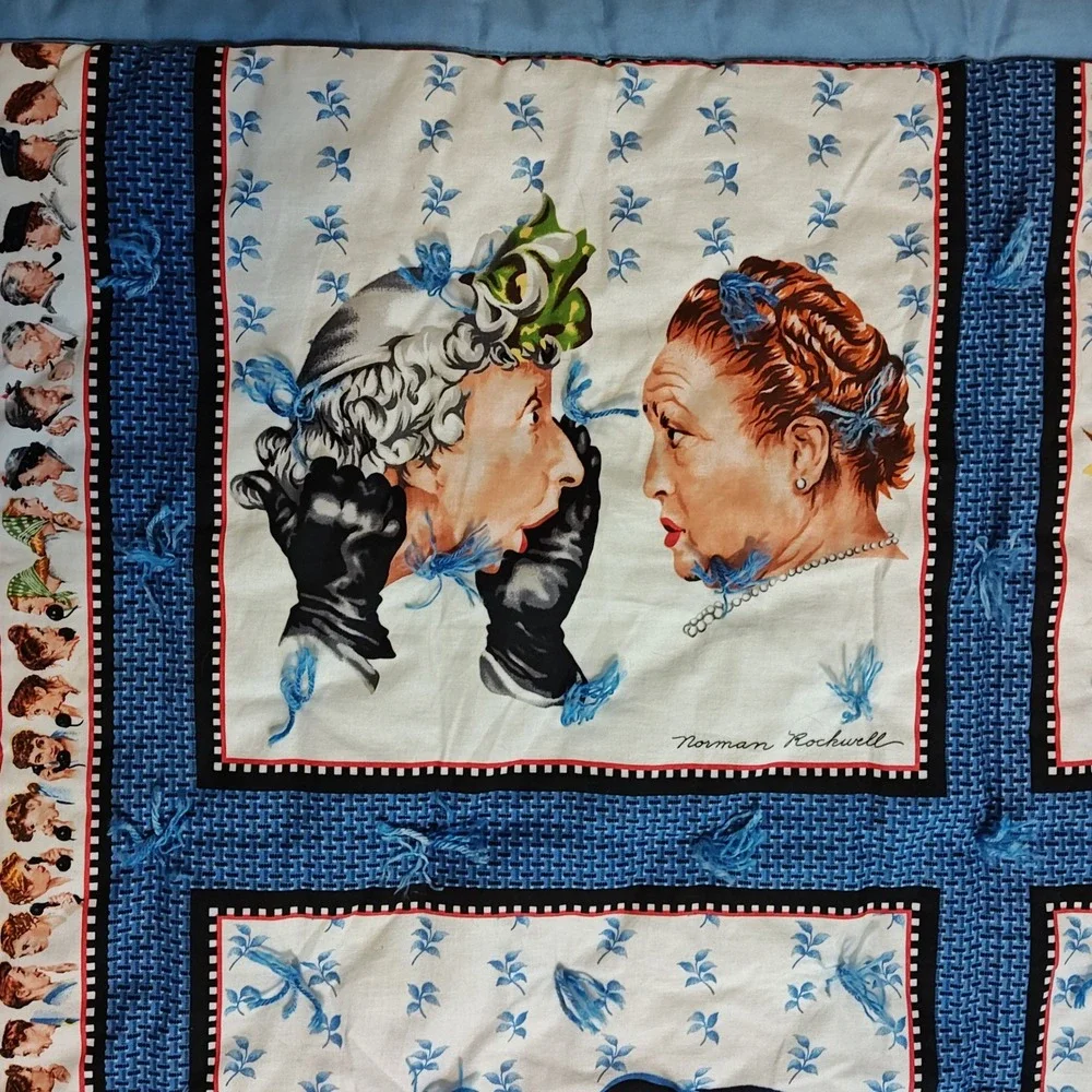 Norman Rockwell Tied Quilt wall hanging 51x43 Blue The Gossip Americana Folk Art